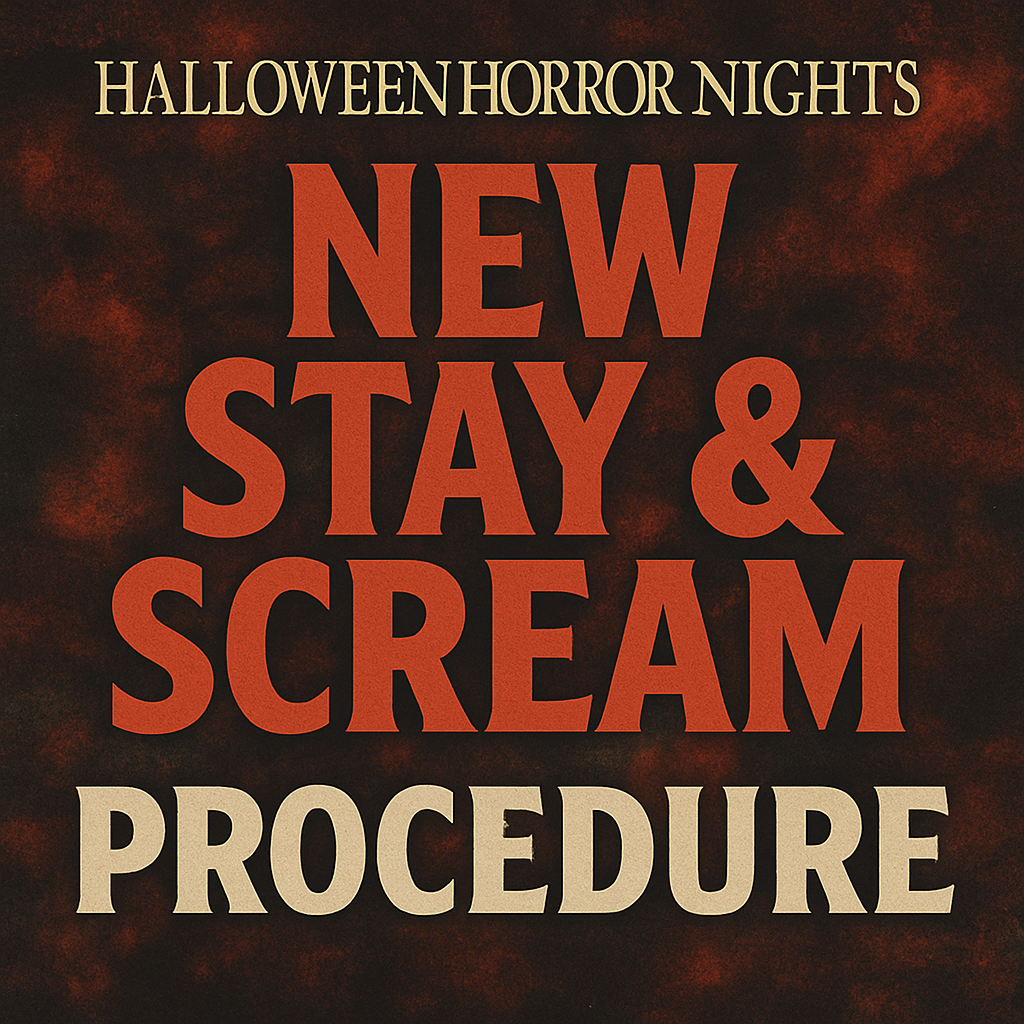 Graphic announcing the 'New Stay & Scream Procedure' for Halloween Horror Nights, featuring bold text on a dark background.