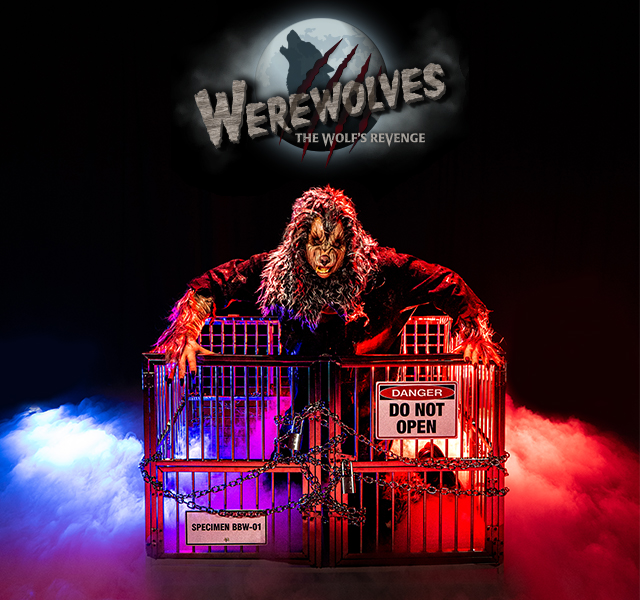 A menacing werewolf figure is displayed in front of a cage with a 'DO NOT OPEN' sign, surrounded by fog and eerie lighting. The title 'Werewolves: The Wolf's Revenge' is prominently featured above.