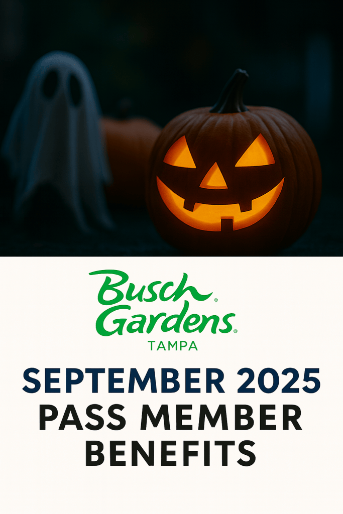 A glowing carved pumpkin with a spooky face in the foreground, accompanied by a ghost decoration in the background, promoting Busch Gardens Tampa's September 2025 Pass Member benefits.