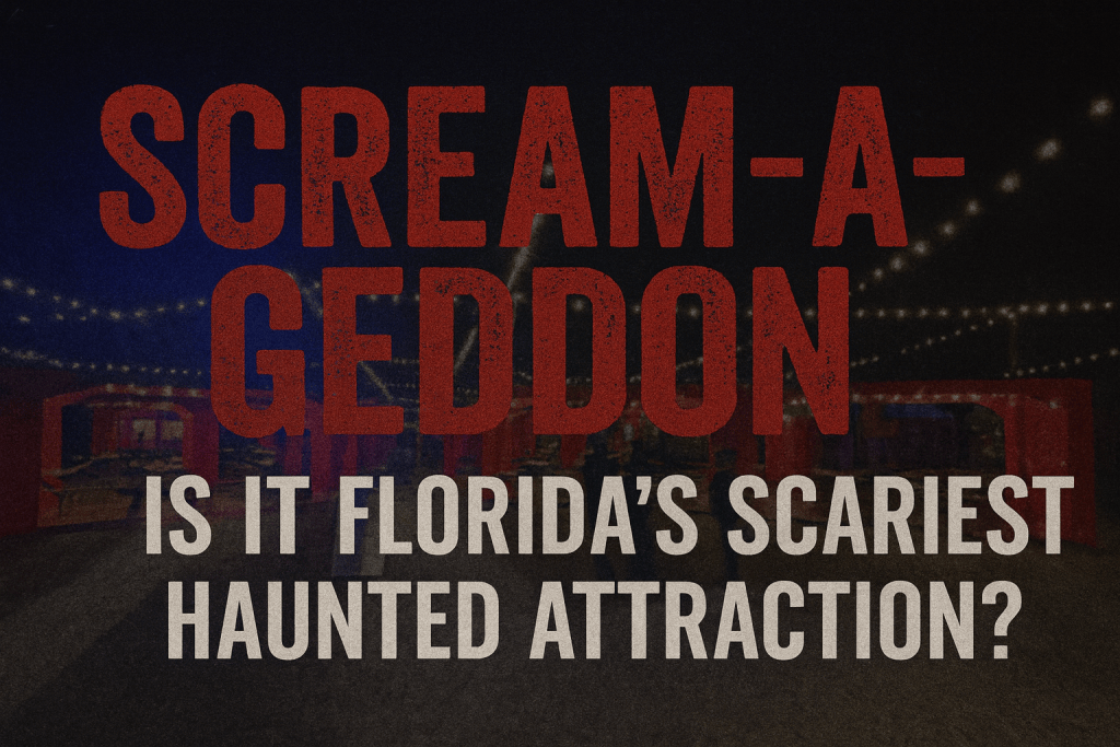 Graphic promoting Scream-A-Geddon, featuring bold text asking 'Is it Florida's scariest haunted attraction?' against a dark background with lights.