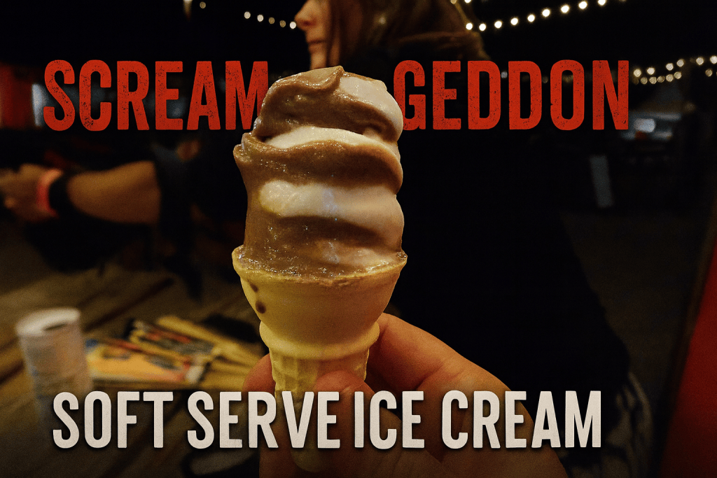 Soft serve ice cream in a cone with chocolate and vanilla swirls, held by a person in the background.