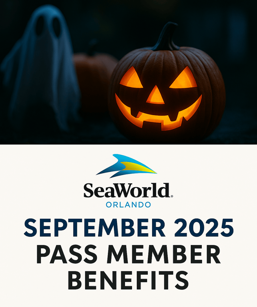 A carved jack-o'-lantern with glowing eyes and mouth, with a ghostly figure in the background, promoting SeaWorld Orlando's September 2025 Pass Member benefits.