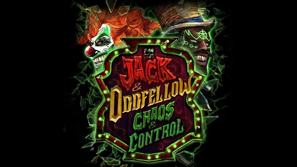 An artistic poster featuring two sinister characters: a clown and a character wearing a top hat, alongside the title 'Jack & Oddfellow: Chaos & Control' in bold, colorful lettering, set against a dark background, with fractured glass effects.