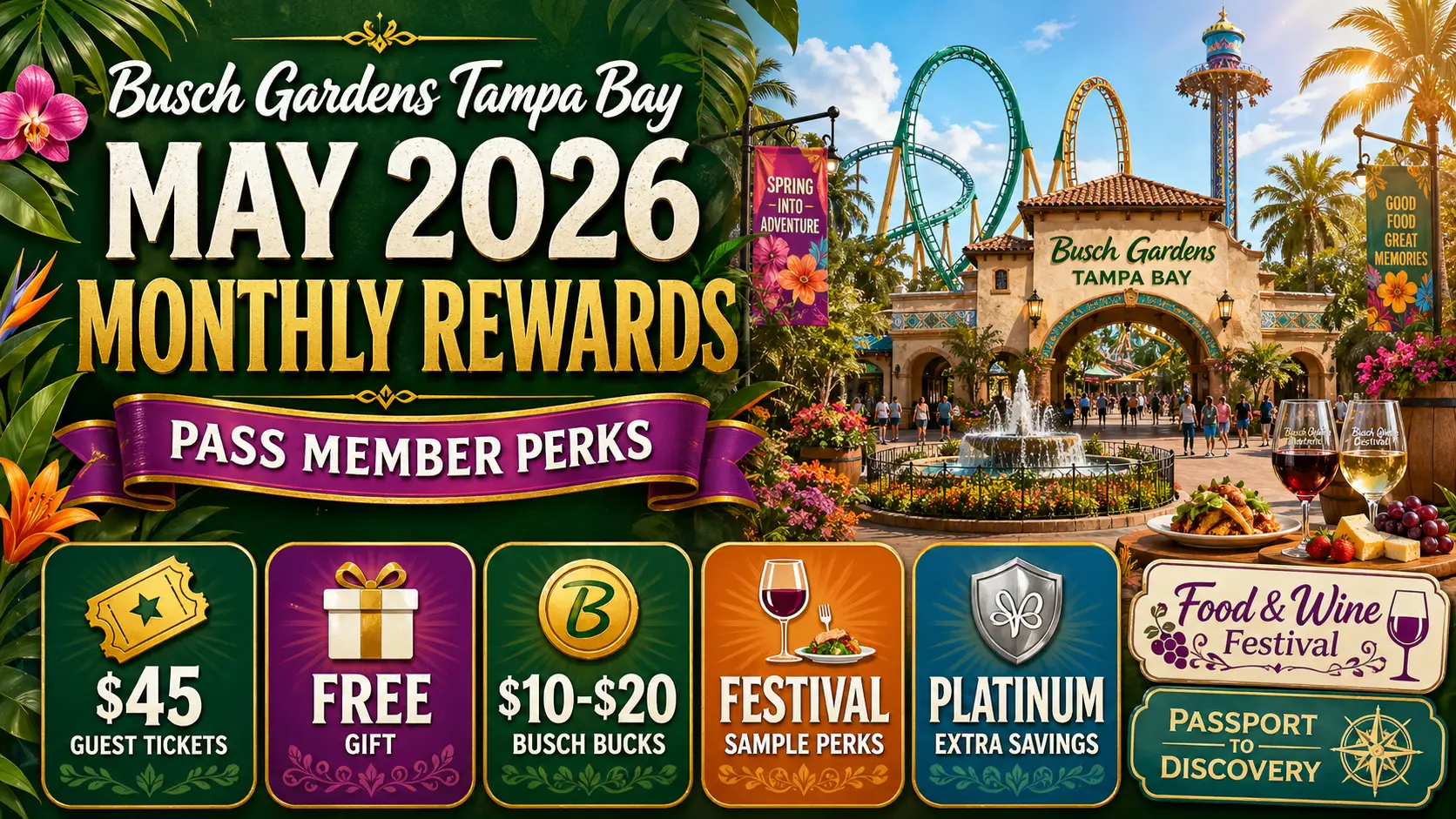 Busch Gardens Tampa Bay May 2026 Pass Member Rewards Include $45 Guest Tickets, Busch Bucks, Free Gift & Festival Perks