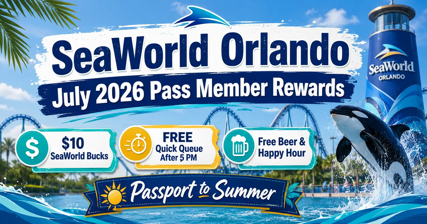 SeaWorld Orlando July 2026 Pass Member Rewards: SeaWorld Bucks, Free Quick Queue, Free Beer & More