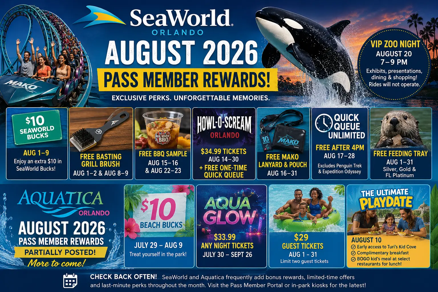SeaWorld Orlando August 2026 Pass Member Rewards Include Free Quick Queue, $10 Bucks, VIP Zoo Night and More